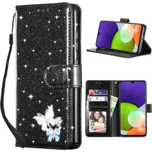 UEEBAI Wallet Case for Samsung Galaxy A16 4G/5G, Glitter PU Leather Phone Cover Card Slots Kickstand Wallet Magnetic Closure Bling Flip Case Shockproof Hand Strap Flip Cover - Black
