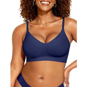 OEAK Womens Seamless Bra Support V Neck Bralettes Adjustable Wireless Padded Comfort Bras Adjustable Basic Everyday Bras Navy Blue 3XL