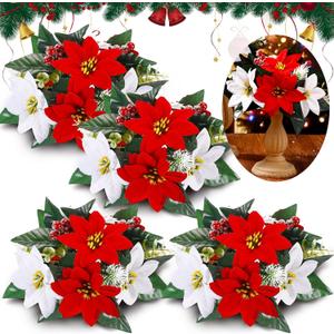 Suncalla 4 Pack Christmas Table Centerpieces Artificial Poinsettia Flower Ball Centerpieces 9.8" Xmas Silk Poinsettia Floral Arrangement for Christmas Holiday Winter Home Party Decor(Red, White)