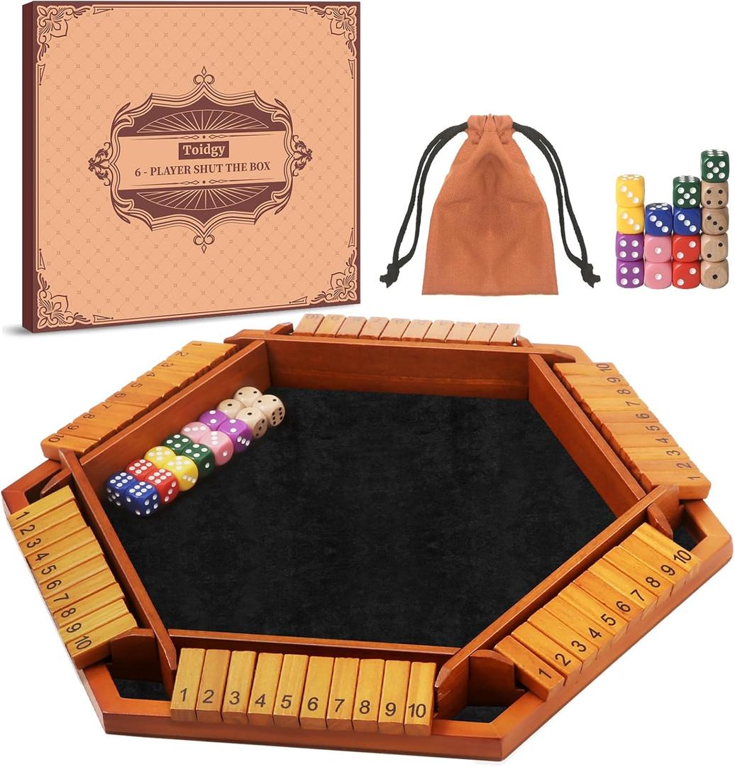 Toidgy 1-6 Players Shut The Box Dice Games, Wooden Board Table Math Game with 16 Dice and Instructions, Classics Close The Box Board Game for Adults Kids, Family Classroom Home or Bar