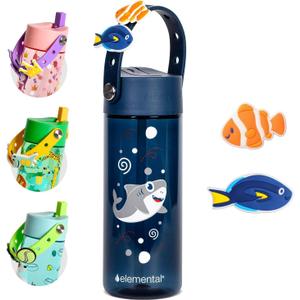 Elemental Water Bottles for Kids - Splash Kids Water Bottle for School with Fun Charm Handle - BPA Free Tritan Plastic Bottle with Straw Leak Proof When Spout is Closed - 18oz - Shark Friends
