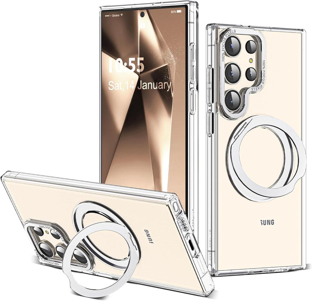 Compatible with Samsung Galaxy S24 Ultra Case with 360Rotatable Magnetic Ring Stand Compatible with Mag-Safe Military Protection Shockproof Transparent Phone Case for S24 Ultra 6.8",Clear