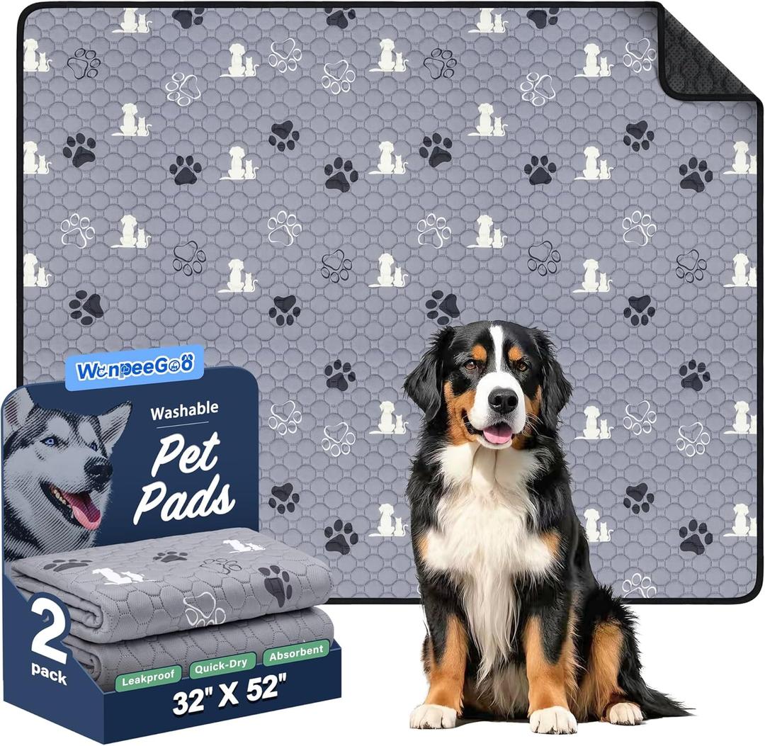 WanpeeGoo Washable Pee Pads for Dogs Mat, 2 Pack Absorbent Reusable Training Dog Pads Pet Puppy Pads, Non-Slip Potty Pads for Whelping, Playpen, Crate, Bed, Grey 32"x52" (Gray)