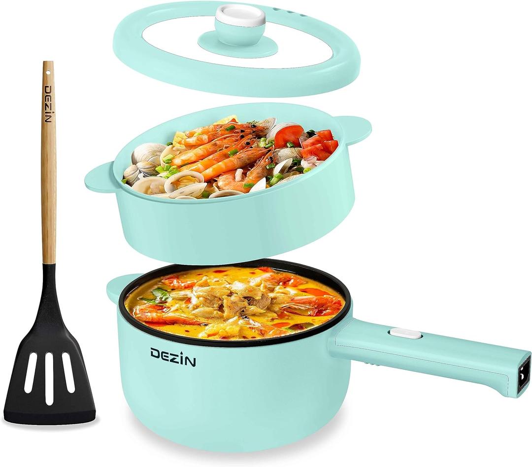 Dezin Electric Cooker, 2L Non-Stick Saut Pan, Rapid Noodles Cooker, Mini Pot for Steak, Egg, Fried Rice, Ramen, Oatmeal, Soup with Power Adjustment, College Dorm Room Essential (Round - G(Green/with Steamer))