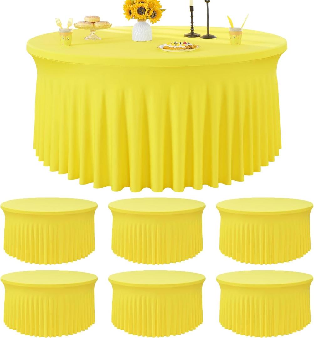 6 Pack Yellow Spandex Round Tablecloths for 72 inch Table, Wrinkle Free Stretchy 132inch Fitted 6FT Round Table Cover with Skirt for Wedding Party Dining Banquet