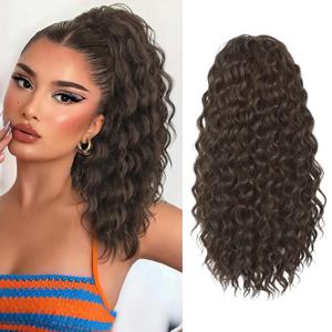 Isaic Ponytail Extension 16 Inch Long Wavy Curly Ponytails Drawstring Ponytail for Black Women Dark Brown Pony Tails Hair Extensions Synthetic Hairpiece for Daily Use