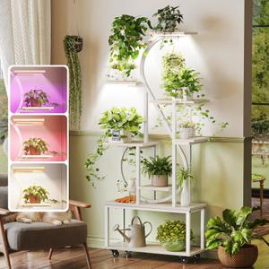 PRAISUN 65 Inch Plant Stand with Grow Light, 9 Tiered Indoor Plant Shelf with Larger Flower Holder, Music Note-shaped Stand with Top Ring Hook , Corner Plant Rack for Living Room, White