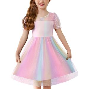 Arshiner Toddler Girls Tulle Summer Puff Sleeve Baby Girls Tutu Princess Party Casual Dress 2-6Y (Rainbow, Size 2)