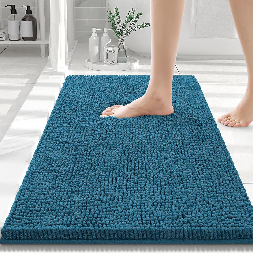 Smiry Luxury Chenille Bathroom Rugs 30x20, Extra Soft and Absorbent Shaggy Bath Mat, Machine Washable, Non-Slip Plush Carpet Runner for Tub, Shower, and Floor, Home Decor Accessories, Peacock Blue