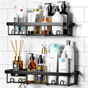 Shower Caddy Shelf Organizer Rack, Self Adhesive Black Bathroom Shelves Basket, Home Farmhouse Wall Inside Organization and Storage Decor Rv Accessories, First Camper Apartment Essentials, 2 Pack