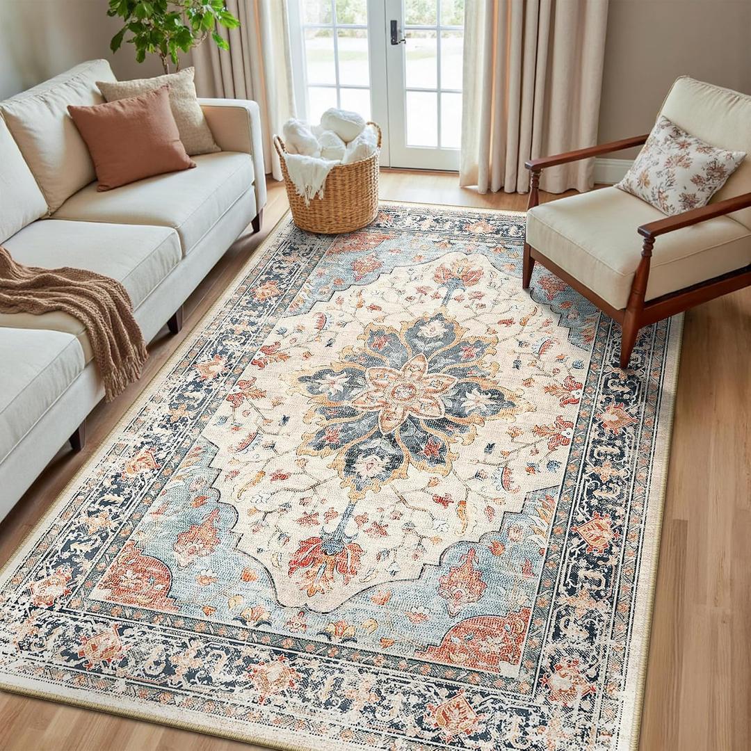 RELEANY Area Rugs 5'x8' Washable Non-Slip, Floral Vintage Distress Print Pattern Medallion Carpet for Living Room Bedroom Dining Room, Beige Navy Blue Orange Colorful