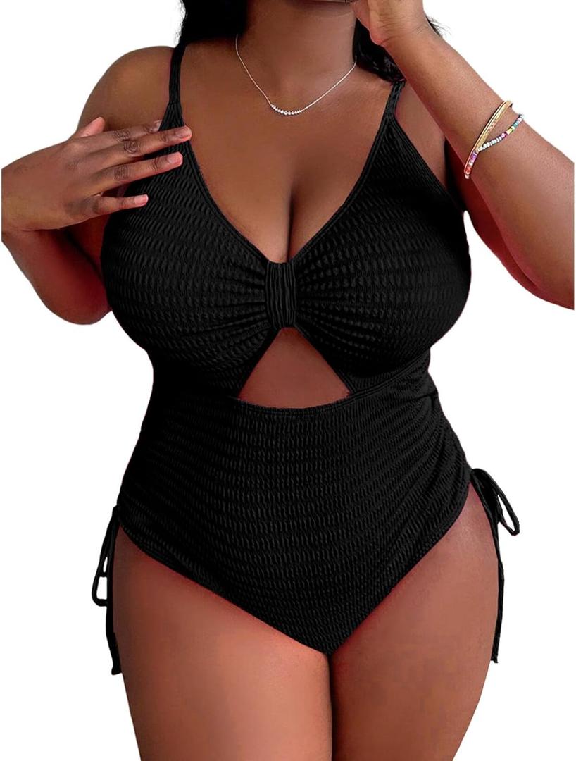 Sexybody Women' s Plus Size Bikini High Waisted One Piece Swimsuits Ribbed Tummy Control Cutout Bathing Suits Ruched V Neck (3X-Large, 138 Black)