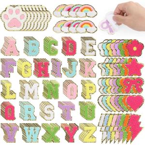 160 Pcs Chenille Embroidered Patches - Self Adhesive 104 A-Z Varsity Letters (4 Each) & 56 Glitter Shapes Iron-On Fabric Stickers for DIY Clothing Repair, Hats, Backpacks, Jackets, Bags