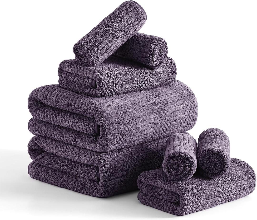 8 Piece Bath Towel Set-2 Oversized Bath Sheets(35"x70"),2 Hand Towels,4 Washcloths-Extra Large Microfiber Towel Sets, Less Lint Highly Absorbent & Quick Dry Bath Towels for Bathroom Gym Pool, Purple (Geometric Dark Purple)