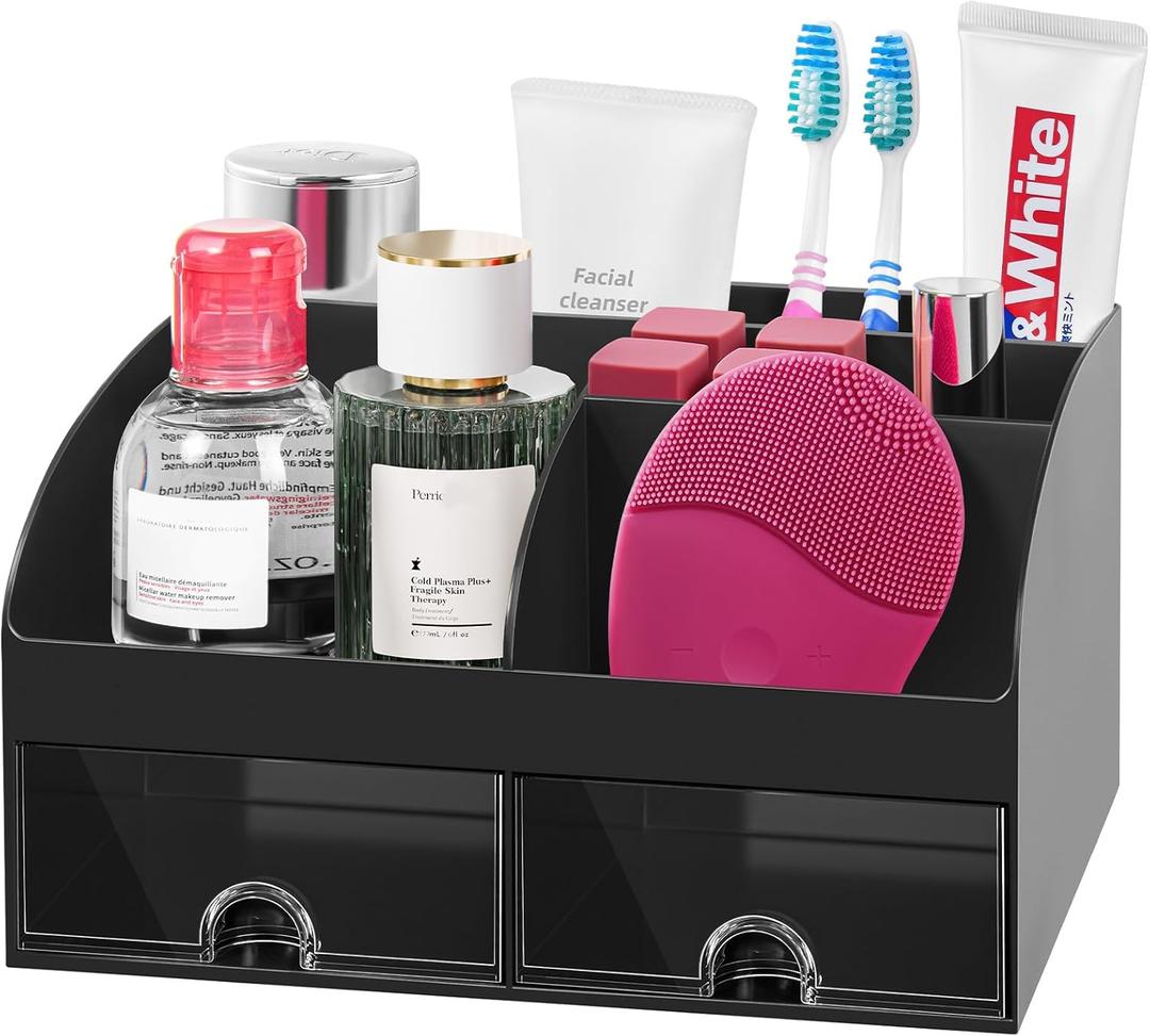 VITVITI Toothbrush Holders for Bathrooms Countertop, 5 Slots Toothpaste Bathroom Counter Sink Organizer with Drawers, Plastic Bathroom Organizer for Vanity/Makeup/Office Black