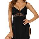LYANER Women's Lingerie Sexy Lace Trim Sides Slit Spaghetti Straps Nightgown Babydoll Chemise Nightwear (M)