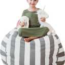 Creative QT Stuff ’n Sit Large 33’’ Bean Bag Storage Cover for Stuffed Animals & Toys, Giant Bean Bag Chair for Kids, Plush, & Toddler Bedroom Organizer, Gray/White Stripe