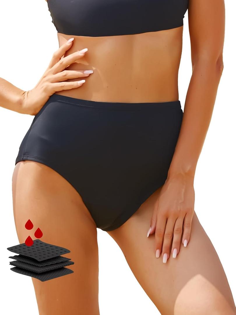 Period Swimwear-Menstrual Swimsuit Bikini Bottoms-High Waisted Leakproof Swim Bottoms for Teens Girls and Women. (Large, Black)