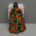 12 Inch Black History Month Kente African American Black Angel Tree Topper with Lights Standing Afrocentric Treetop Traditional African Kente Print for Kwanzaa African-American History Decorations