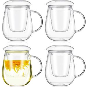 Tioncy 4 Set Glass Tea Cup with Infuser and Lid 16.9 oz Clear Glass Mug with Strainer and Lid Simple Filtration Loose Tea Cup for Brewing Blooming Bag