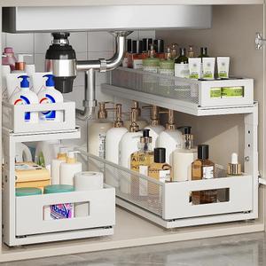 Corbyles 2 Pack 18.5IN-Depth Under Sink Organizer With Next-Gen Ball-Bearing Slides,2-Tier Pull Out Cabinet Storage,Height Adjustable Drawer Shelf for Bathroom,Kitchen,Laundry,Cabinet,Pantry-White