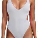 Geluboao One Piece Swimsuits for Women Sexy V Neck Cutout Adjustable Push Up Tummy Control High Cut Thong Bathing Suit (Large, White)