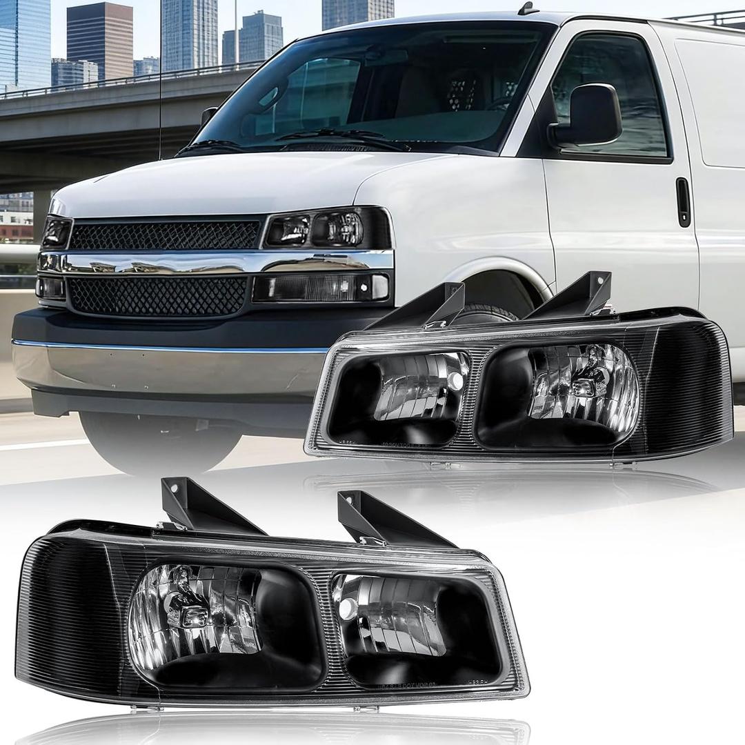 Headlight Assembly for 2003-2014 Chevy Express 1500/2003-2023 Express 2500 3500/2009-2022 Express 4500 Driver Left & Passenger Right Side Replacement Black Housing Clear Reflector 2Pcs