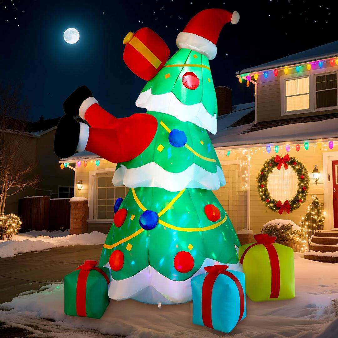 Alupssuc 10FT Inflatable Christmas Tree Decorations Outdoor with Built-in LEDs Lights, Blow Up Santa Claus Tree with 4 Gift Boxes Outside/Indoor Xmas for Yard, Garden, Lawn, Party, Holiday Decor
