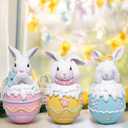 Hodao Easter Bunny Figurines Set of 3  5.3" Hand-Painted Resin Decorations with Pastel Easter Egg Design  Perfect for Spring Dcor, Tabletops, and Festive Displays (Color 3pcs)
