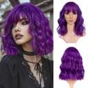 VCKOVCKO Dark Purple Curly Bob Wig With Air Bangs Natural Curly Wavy Short Bob Women's Shoulder Length Wigs Synthetic Cosplay for Girl (Dark Purple)