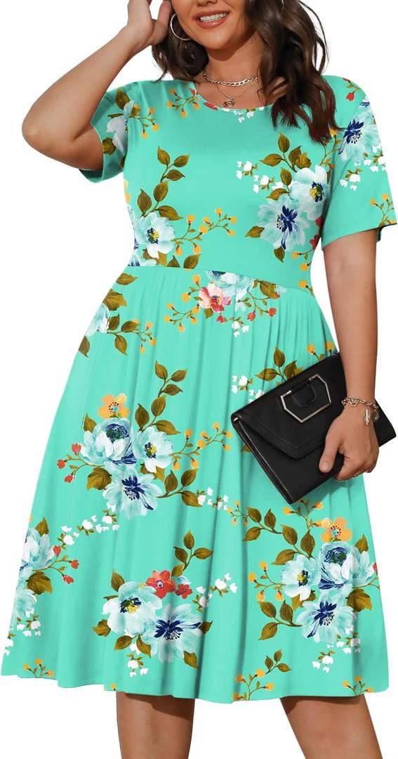 POSESHE Womens Plus Size Summer Dress 2026 Casual Short Sleeve Empire Waist Loose Fit Swing T-Shirt Dress with Pockets (XX-Large Plus, B19-green Floral)