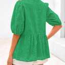 KIRUNDO Peplum Tops for Women 2026 Summer Eyelet Tie Front Blouses Casual Short Lantern Sleeve Cute Y2K Lace Babydoll Shirts (Green, S)