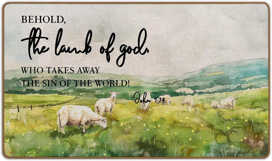 Lamb of God Christian Door Mat, Easter Welcome Mat, Christian Easter Bible Verse Front Doormats Indoor Outside Entrance, Easter Rugs for Kitchen Bathroom, Easter Lamb Decor17x29 Inch