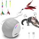 Interactive Cat Toys for Indoor Cats, Touch & Sound Smart Control - Fast slow 2 Speed Motion Activated Cat Ball Toy for Bored Cats With LED Lights, Feathers Tail, USB Charging Cable, 6in1 - Gray