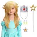 Mildiso 6pcs Girls Blonde Princess Costume Wig for Kids Rosalina Cosplay Halloween with Silver Crown, Wand, Earrings, Brooch, Wig Cap - Long Wavy & Thick Soft & Tangle Resistant & Ready to Wear M136