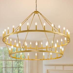 57" Gold Chandelier, 2 Tier 48-Light Farmhouse Wagon Wheel Chandelier, Industrial Foyer Lighting Fixtures, Large Entryway Chandeliers for High Ceilings, Modern Chandelier for Living Room, Staircase