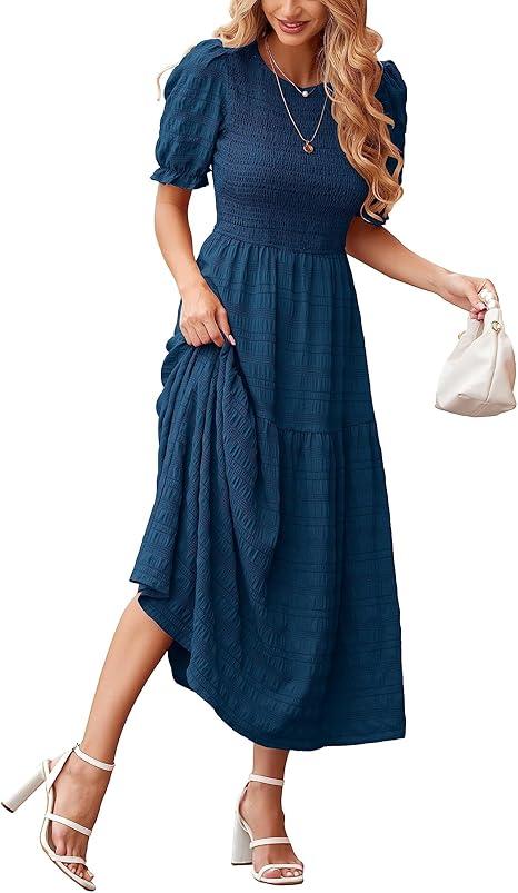 Womens Summer Dresses 2025 Casual Puff Short Sleeve Crewneck Smocked Flowy Ruffle Boho Beach Party Maxi Sundress Medium