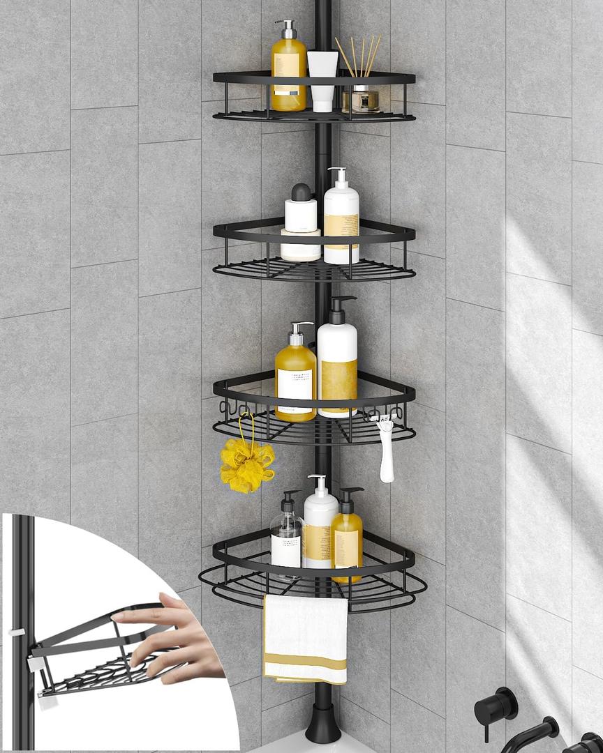 SEIRIONE Corner Shower Caddy Tension Pole, Rustproof Bathroom Shower Organizer Corner, 4-Tier Adjustable Bathroom Shelf, Solid Rack Ideal for Bathtub Storage, 39 to 113 Inch Height, Black