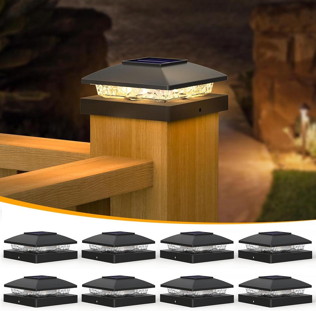 APONUO Solar Post Cap Lights for 4x4 Posts, Bright Warm White LED Post Cap Lights Solar Powered, IP64 Waterproof & All-Night Lighting, Black 8 Pack  Deck, Fence, Patio Light (Easy Install)