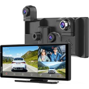 CARPURIDE W903S Wireless Carplay & Android Auto Screen with 3 Channel Dash Cam, 4K Front &1080P Rear, 1080P Infrared Cabin Camera for Cars with 64GB Card, Loop Recording, Bluetooth