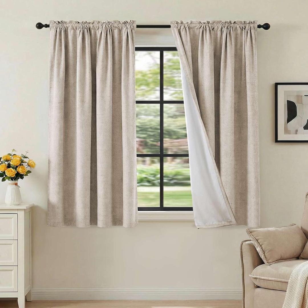 H.VERSAILTEX Linen Look 100% Blackout Curtains 45 Inches Long for Bedroom Full Light Blocking Rod Pocket Linen Textured Thick Window Curtain Drapes with White Backing, Natural, 2 Panels