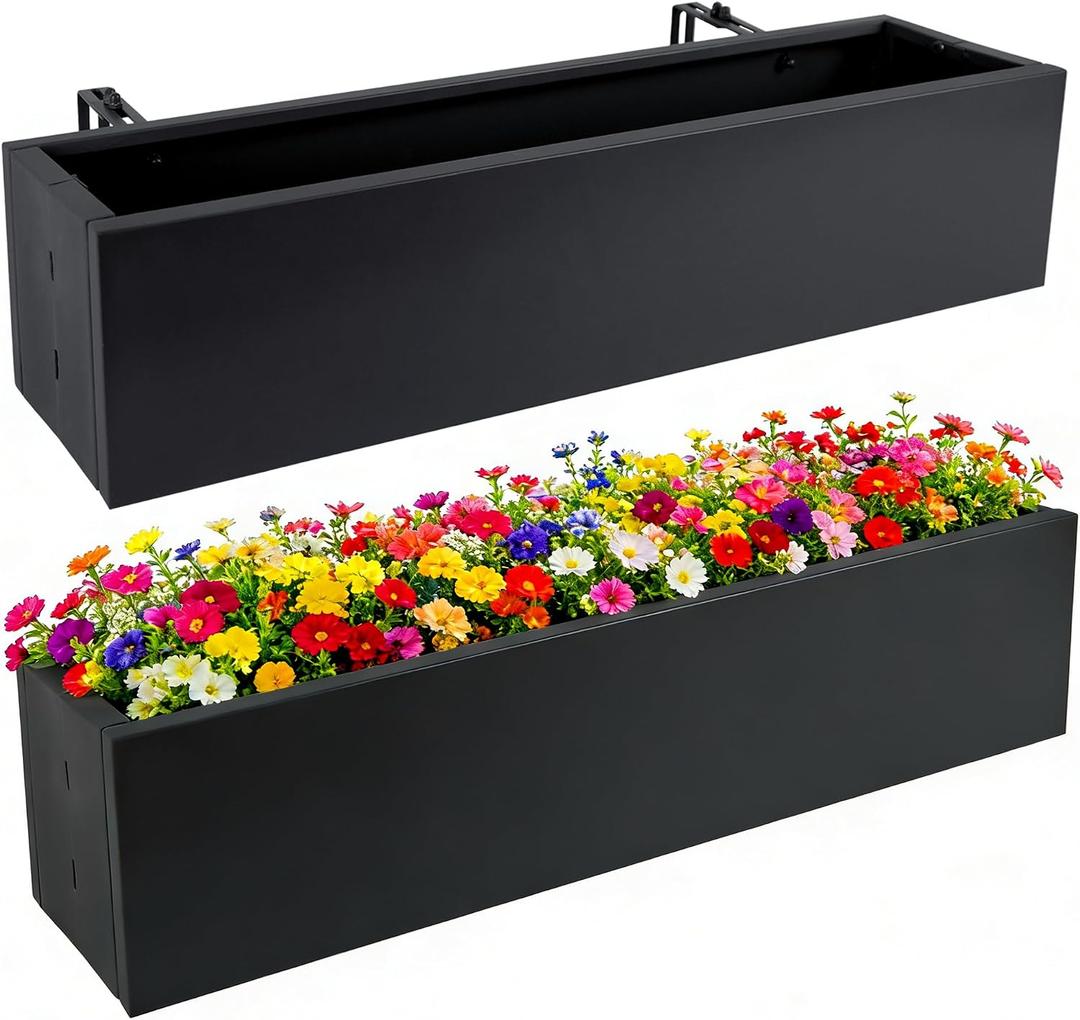 2 Pack Metal Railing Planter Box, 30 Inch Balcony Planters with Adjustable Brackets, Large Hanging Planters for Outdoor Fence Deck  Black 2pcs, 30 INCH