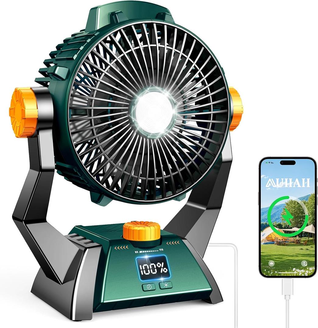 Camping Fan - Rechargeable Portable Battery Powered Camping Fans for Tents with LED Light, Power Display, Timers & 360 Hanging Hook, Ultra Quiet USB Personal Tent Fan for Fishing Travel Home Office