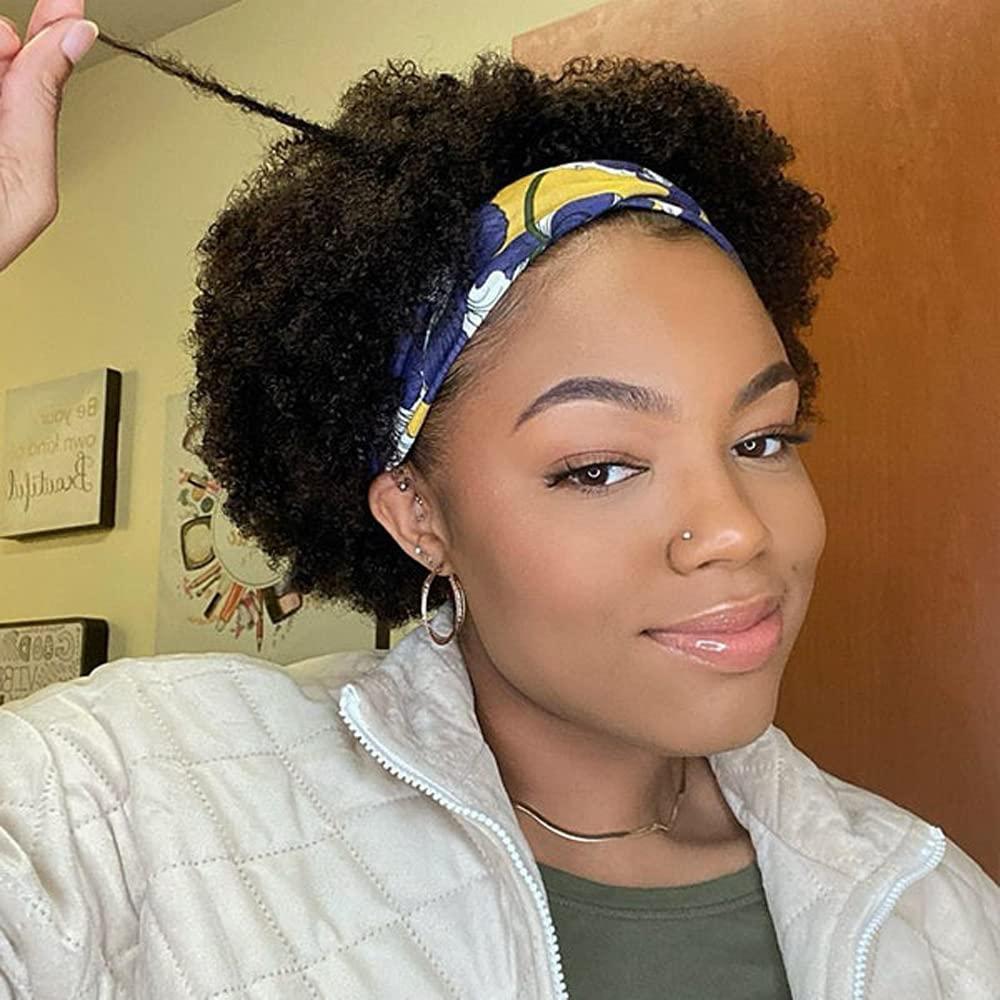 Ms Taj Headband Wig Human Hair Short Afro Kinky Curly Headband Wigs for Black Women Human Hair Glueless Afro Wigs for Women 150% Density Brazilian Virgin Hair Natural Black (10 inch)