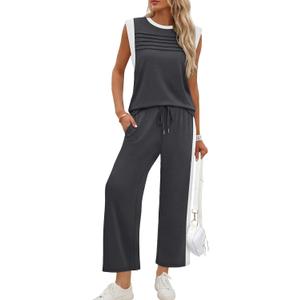 WIHOLL Two Piece Sets for Women Summer Spring Lounge Sets Travel Vacation Outfits Cap Sleeve Side Slit Wide Leg Pants XL