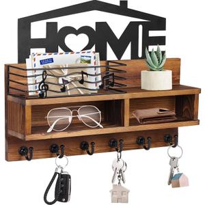 VIS'V Key Holder Wall Mount, Decorative Wooden Mail and Key Organizer with Storage Basket and Shelf, 2 Compartments, 6 Hooks, Brown