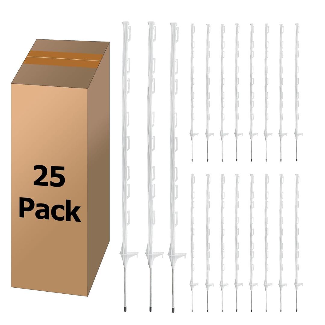 25 Pack Electric Fence Posts, 48 Inch Plastic Step in Fence Post, Temporary Fence Posts for Farm Protection and Livestock, White
