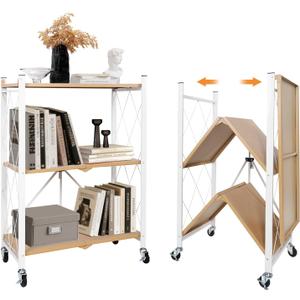 3 Tier Folding Shelf with Wheels, Metal Steel Collapsible Shelves, Folding Bookshelf no Assembly, Portable Folding Storage Shelves, Rolling Standing Utility Rack for Kitchen, Office, Bedroom, Natural