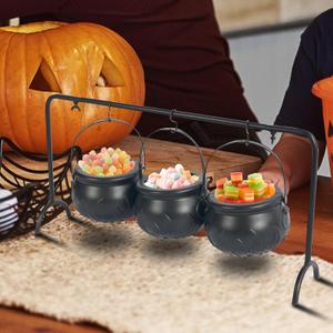 Hourleey Halloween Decorations, Set of 3 Witches Cauldron Serving Bowls on Rack, Black Plastic Hocus Pocus Candy Bucket Cauldron for Indoor Outdoor Home Kitchen Candy Holder Decor