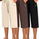 Neer 3 Pack Women's Capri Pants, Wide Leg Basic Sweatpants Lounge Loose Fit Casual Drawstring Yoga Capris with Pockets (Black, Cream, Brown)